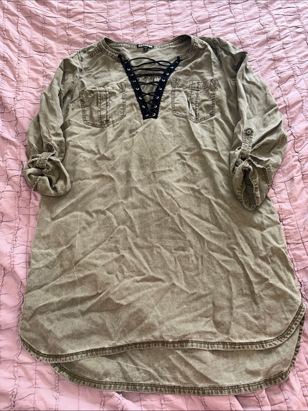 Express Olive Green Lace-Up Long Sleeve Tunic